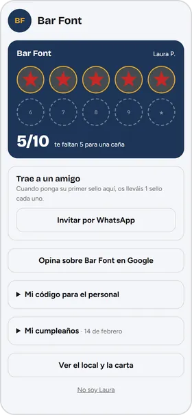 La tarjeta de sellos de un bar en el móvil del cliente.