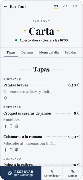 La web de un bar en el móvil, con su carta.