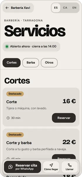 La web de una barbería en el móvil, con sus servicios y precios.